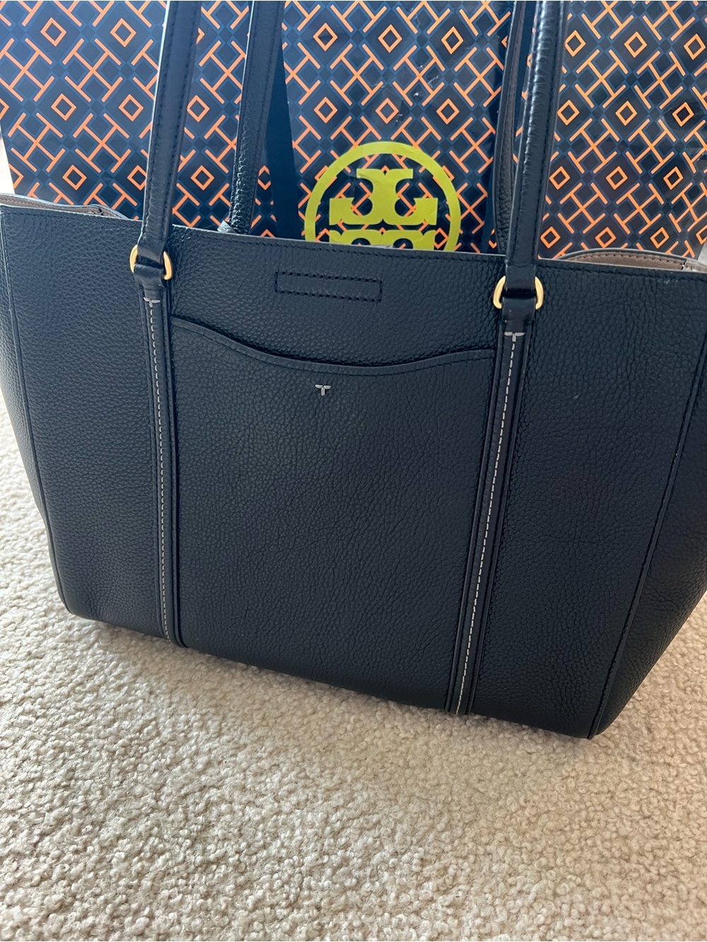 Tory Burch Black Leather Shoulder Tote with Tassel Detail - Picture 2 of 5
